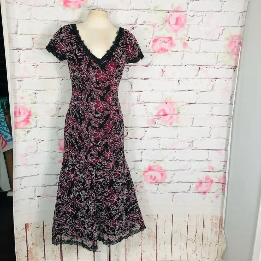 JS Collections Embroidered Mesh Gown Carbernet